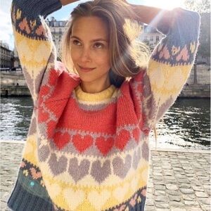 LoveShackFancy Pink and Blue Heart Sweater Alpaca